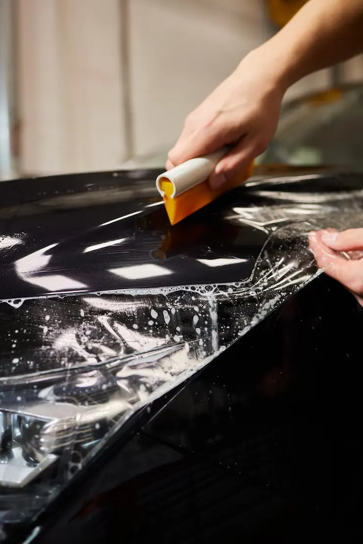 Clear paint protection film being applied to a car bonnet